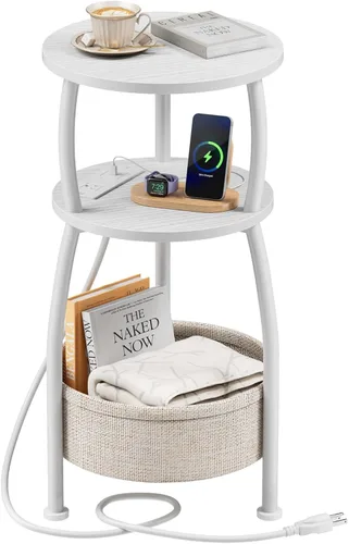 Vista 12 de Mesa auxiliar redonda pequeña para sala de estar con cesta de almacenamiento, mesa auxiliar pequeña que ahorra espacio, mesita de noche de 3