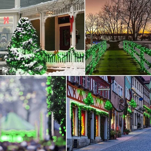 Vista 5 de kemooie 300 luces LED verdes de Navidad, 99 pies, 8 modos de parpadeo, enchufables, tira de luces de alambre verde, luces de Navidad impermeables