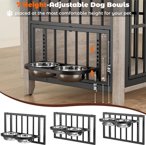 Vista 5 de Lulive Muebles de jaula para perros, perrera de madera para interiores con cuencos ajustables de 360° y altura para perros, muebles de puertas Gris