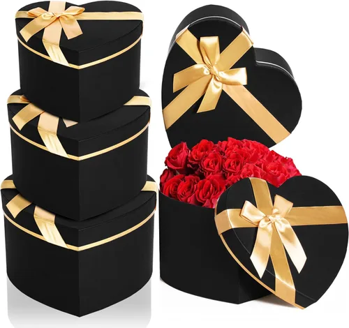 Resurhang Caja de regalo negra de 4 piezas en forma de corazón de San Valentín con tapa para arreglos florales, caja de regalo grande para el día de