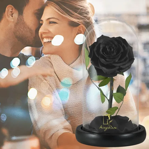 Vista 2 de SW Rosa Negra Eternamente Preservada y Real para Regalo de Cumpleaños para Mamá y Mujeres, Flor Eterna de San Valentín en Regalos de Vidrio