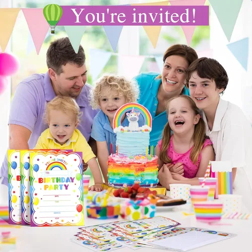 Vista 7 de Pajean Paquete de 30 invitaciones de fiesta de cumpleaños arcoíris para niños y niñas, invitaciones de cumpleaños con 30 sobres blancos y 30