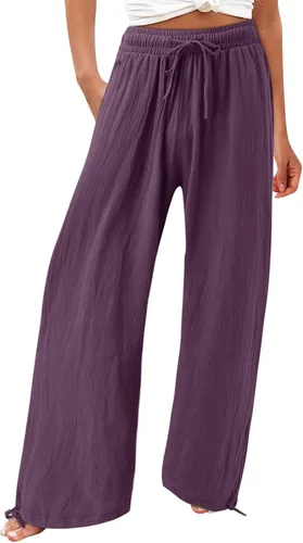 FlekmanArt Pantalones de pierna ancha de algodón de color sólido para mujer, pantalones elásticos con cordones, pantalones de verano sueltos