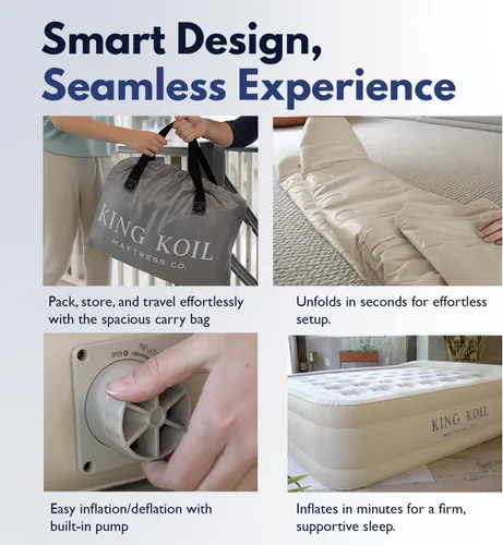 Vista 7 de King Koil Colchón de Aire Individual de Lujo con Bomba de Alta Velocidad Incorporada para el Hogar, Invitados y Campamento - Colchón Inflable