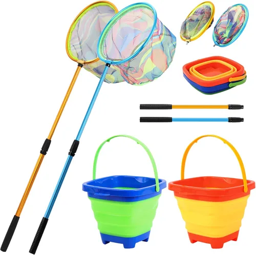Vista 8 de Red de pesca para niños, paquete de 2 redes telescópicas de aterrizaje con mango de poste de aluminio, cubo de arena plegable, red de mariposa, red