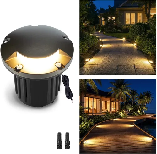 Vista 35 de Gardenreet Kit de luces de pozo de latón en el suelo (paquete de 4) con transformador de bajo voltaje de 75 W y bombilla MR16 y cable y conectores