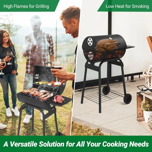 Vista 6 de Barrel - Parrilla de carbón con mesa auxiliar, parrilla grande para exteriores con ruedas, espacio de cocción para patio trasero, patio, campamento
