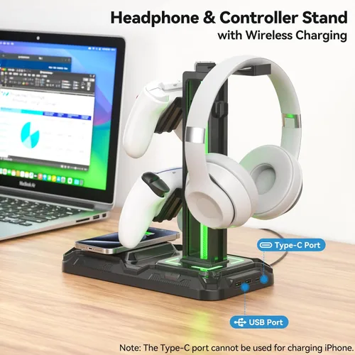 Vista 2 de KDD Soporte para auriculares y controlador con carga inalámbrica, soporte giratorio para auriculares con 9 modos de luz, soporte para controlador