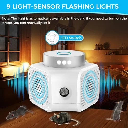 Vista 5 de Repelente ultrasónico de ratones para casa, disuasorio de roedores y ardillas con luces estroboscópicas LED, control electrónico de plagas