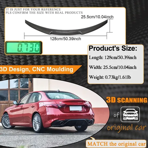 Vista 5 de MCARCAR KIT Alerón de maletero de fibra de carbono para Alfa Romeo Giulia Sedan 2015-2024 Tapa trasera de maletero Highkick Spoiler Wing Lip Factory