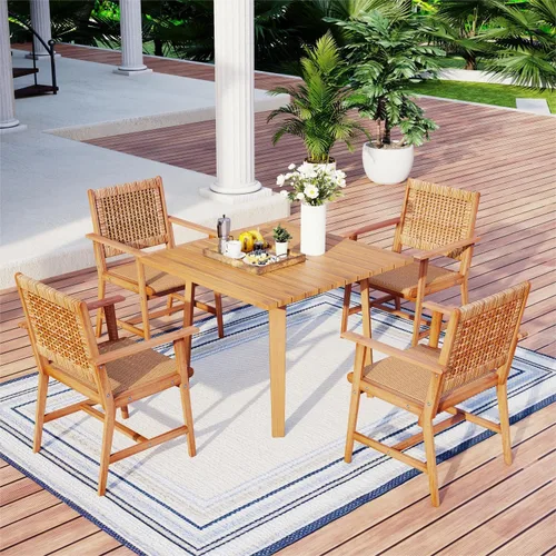 Vista 7 de MFSTUDIO Juego de 2 sillas de comedor de madera de acacia para exteriores, con asiento de ratán tejido hecho a mano y respaldo de ratán para jardín