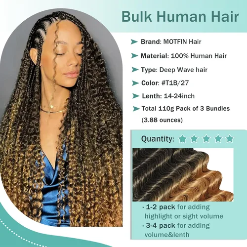 Vista 38 de Cabello Humano para Trenzar para Trenzas Boho 3 Paquetes/Pack 110g (3.88 oz) 14 Pulgadas Cabello Humano a Granel Ondulado Profundo para Trenzar