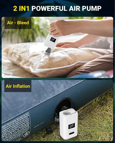 Vista 7 de OMQ Bomba de aire portátil para inflables, bomba eléctrica de colchón de aire con linterna de campamento y pantalla LED, mini bomba de aire 2 veces