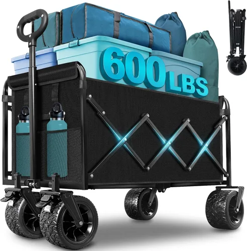 Vista 12 de Carro plegable con ruedas: Carro de utilidad plegable de 360LBS de alta resistencia - Carro de compras portátil todo terreno para compras de Negro