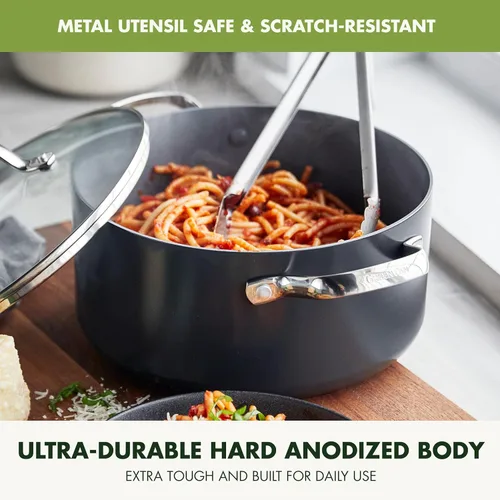 Vista 5 de GreenPan Valencia Pro Olla de Caldo de Cerámica Saludable Antiadherente Anodizada Dura de 5QT con Tapa, Libre de PFAS, Inducción, Apta