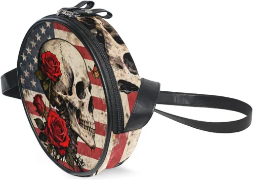 Vista 2 de Retro Skull and Red Rose Round Black Crossbody Bags for Womens Beauty with Adjustable Strap Side Bags Take a walk Canvas Messenger Purse