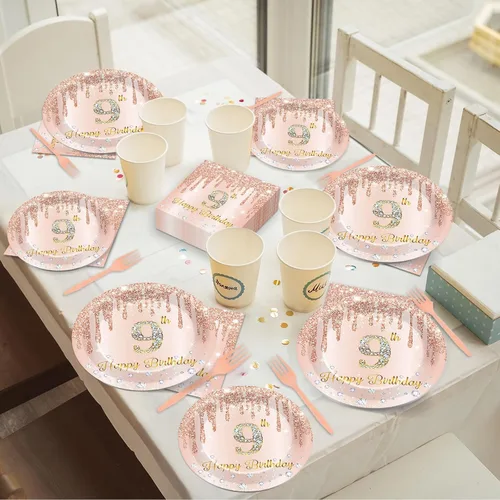 Vista 7 de 96 piezas de platos y servilletas de oro rosa para fiesta de cumpleaños número 9 para niñas, suministros de fiesta de oro rosa, juego de vajilla