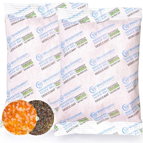 Wisesorb Paquete de 2 desecantes de 17.64 oz, gel de sílice indicativo (naranja a verde oscuro), deshumidificador recargable seguro para pistola,