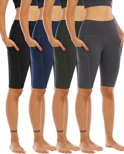 WHOUARE Paquete de 4 pantalones cortos de yoga con bolsillos para mujer, cintura alta, control de abdomen