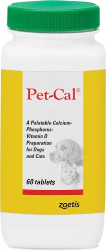 Pet-Cal Suplemento de calcio, fósforo y vitamina D para perros y gatos, apoyo dietético diario, tabletas masticables apetecibles, botella de 60