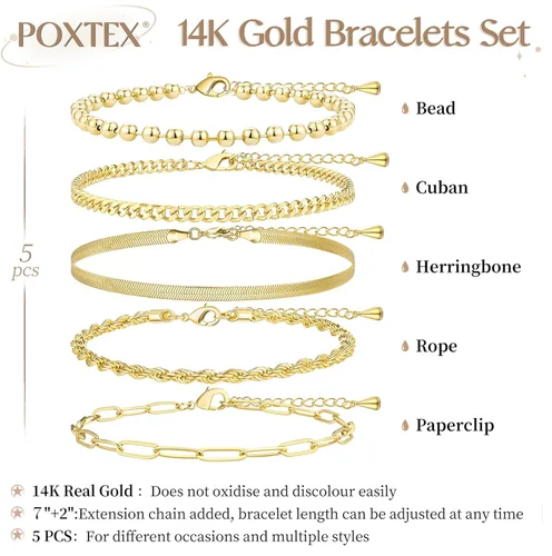 Vista 7 de Pulseras de oro para mujer, juego de pulseras delicadas para mujer, a la moda, pulseras de oro apiladas con cuentas, cubano, clip de papel, corazón