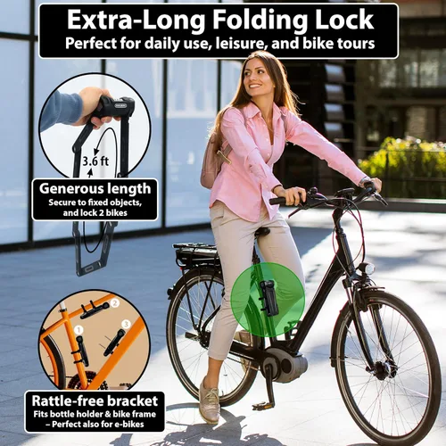 Vista 3 de KOHLBURG Cerradura plegable para bicicleta [43 pulgadas] a prueba de cortador de pernos con código de combinación de 4 dígitos y soporte, bloqueo