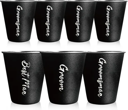 Vista 12 de PartyGifts&beyond 7 vasos de chupito para despedida de soltero de 2 onzas de acero inoxidable para padrinos de boda