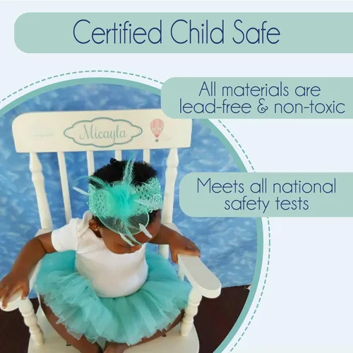 Vista 6 de MyBambino Mecedora personalizada de madera blanca para niña, regalo para bebé (castillo de princesa rosa)