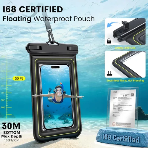 Vista 2 de Bolsa flotante impermeable para teléfono, paquete de 2 fundas impermeables IP68 para iPhone 17, 16, 15 Pro Max, Galaxy S25 S24 Ultra de hasta 7
