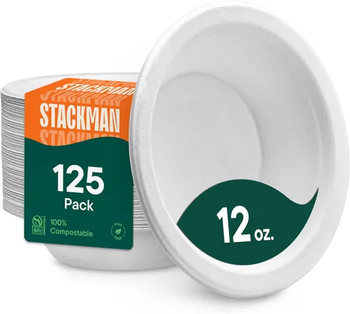 Cuencos de papel desechables 100% compostables [paquete de 125] – {Sin PFAS} – {Certificado BPI} – [12 oz] Pesados, ecológicos, biodegradables –