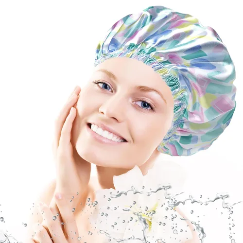 Vista 2 de Gorras de ducha para mujer, 4 piezas de gorros de baño elásticos y reutilizables, gorro de ducha de doble capa reutilizable e impermeable, gorros