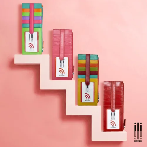 Vista 4 de ili New York Cartera larga delgada de doble cara, tarjetero con bloqueo RFID con ventana de identificación y bolsillo lateral con cremallera