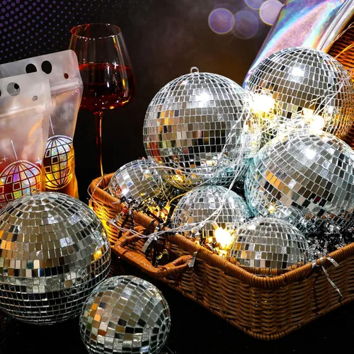 Vista 2 de Libima Paquete de 12 Bolas de Discoteca Grandes de Navidad Decoración de Diferentes Tamaños Espejo Plateado Colgantes Adornos de Bola de Discoteca