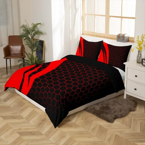 Vista 8 de Juego de ropa de cama de panal hexagonal para niños, niñas, adolescentes, funda de edredón geométrica transpirable, colmena geométrica roja y negra