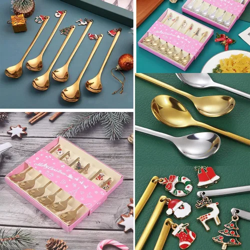 Vista 9 de AKOAK 6 unids/set de cuchara de acero inoxidable de Navidad Set creativo café chapado en oro, cuchara de postre cuchara mezcladora de cocina casera