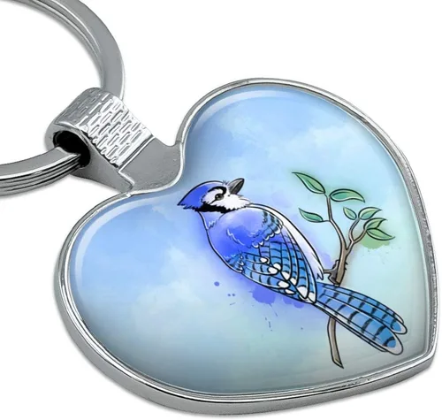 Vista 2 de GRAPHICS & MORE Blue Jay Watercolor Northeastern Bird Keychain Heart Love Metal Key Chain Ring