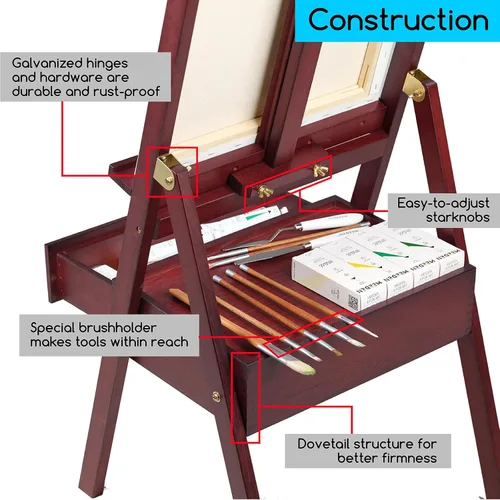 Vista 4 de MEEDEN Caballete de Estudio con Marco en H con Cajón de Almacenamiento de Suministros de Arte - Ajustable (60"~75") Soporte de Caballete de Madera