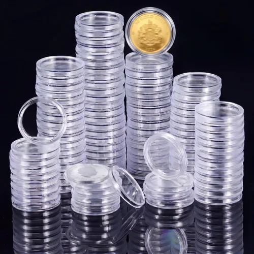 100 unidades de 0.984 in titular de la moneda cápsulas transparente redondo plástico contenedor contenedor de monedas para suministros de colección