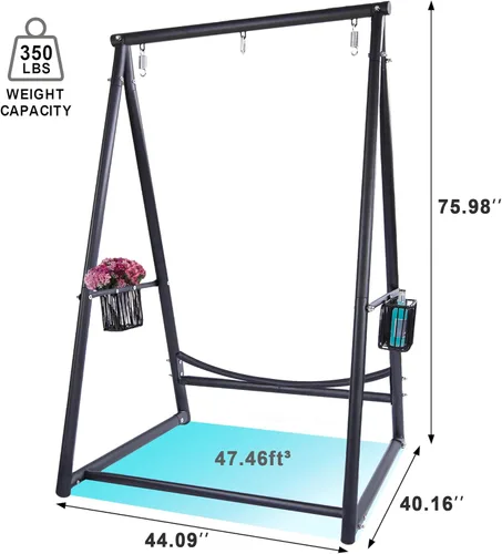 Vista 2 de YOXIFOC Base reforzada y soporte de hamaca de estructura triangular con 2 cestas de almacenamiento, soporte de columpio con 3 ganchos
