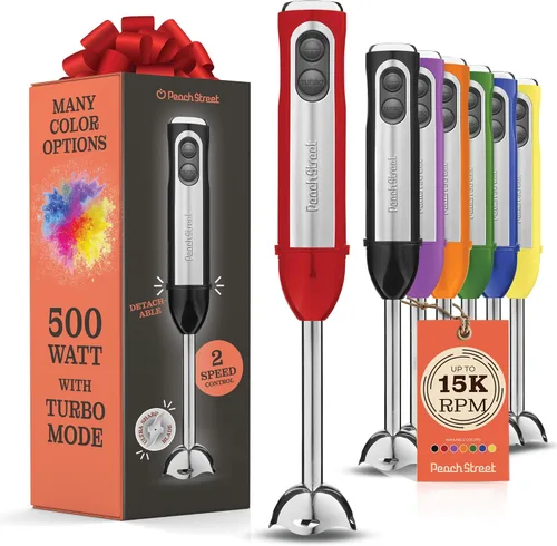 Vista 21 de Potente licuadora de inmersión, licuadora de mano eléctrica de 500 vatios con modo turbo, base desmontable. Licuadora de cocina manual con varilla