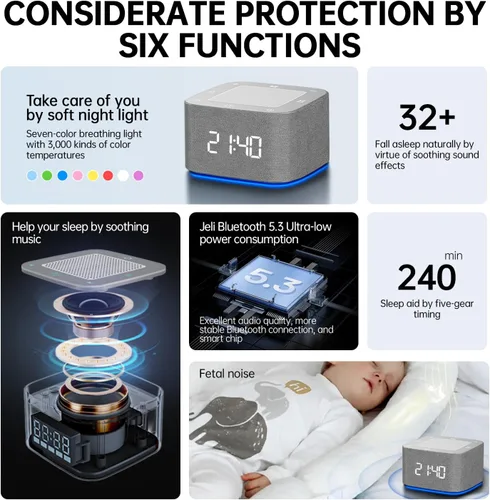 Vista 2 de Máquina de sonido blanco con 32 sonidos relajantes naturales sin bucle, función de memoria, máquina de sonido de ruido marrón, luz nocturna de 10