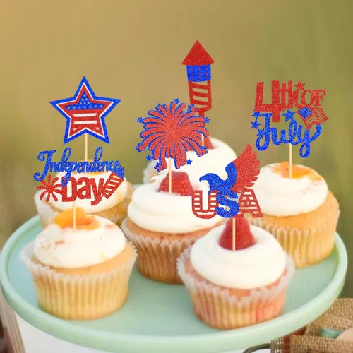 Vista 6 de 30 piezas de decoración para cupcakes del Día de la Independencia con purpurina de la bandera nacional para palillos de dientes, decoración