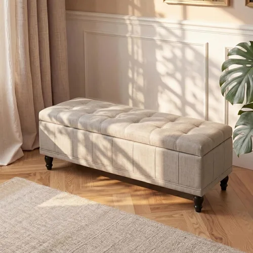 Vista 16 de Asense Banco otomano rectangular de microfibra con parte superior de elevación, reposapiés con patas de madera maciza, ribete de cabeza de clavo