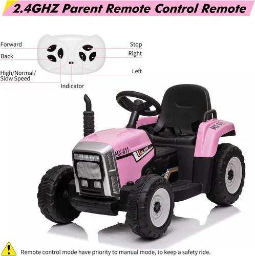 Vista 4 de Tractor eléctrico de 12V para niños con batería, con remolque, vehículo de paseo para niños con control remoto/ 7 faros LED/ cambios de marcha 2+1