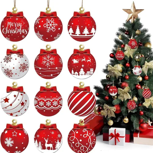 Juego de 12 adornos de madera colgantes con diseño de bolas de Navidad rojas y blancas, decoraciones festivas de árbol de vacaciones de invierno con