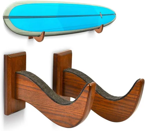 TESLYAR Soporte de pared para tabla de surf, estante de madera para almacenamiento en pared, ganchos de madera maciza para tabla de surf, tabla de
