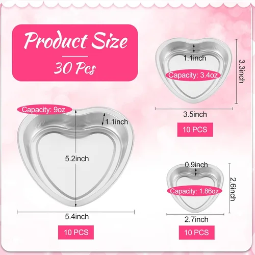 Vista 2 de Meanplan Paquete de 30 moldes de aluminio en forma de corazón de 9 onzas, 3.4 y 1.86 onzas, molde de aluminio desechable para pasteles de San