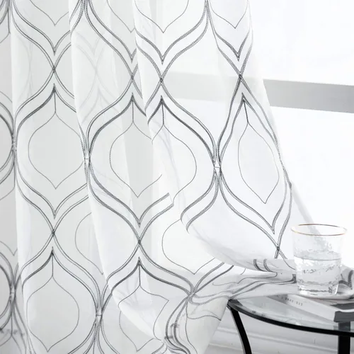 Vista 15 de VISIONTEX Cortinas traslúcidas blancas de 95 pulgadas de largo, juego de 2 paneles de cortinas beige marroquíes bordadas en enrejado, textura