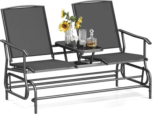 Vista 12 de Tangkula Silla mecedora para 2 personas, sofá biplaza mecedora para patio con mesa central de vidrio templado, banco de columpio para exteriores