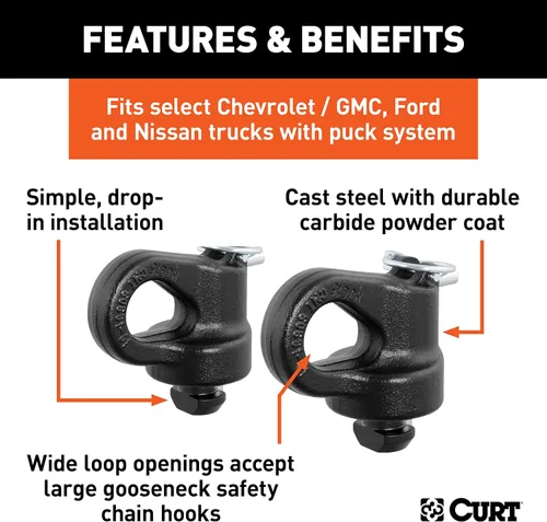 Vista 3 de CURT 60691 Anclajes de cadena de seguridad de cuello de cisne con sistema de disco OEM, 30K, se adapta a Select Silverado, Sierra 2500, 3500 HD